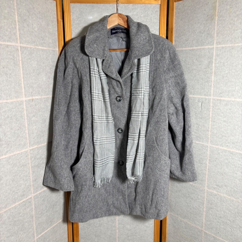 Vintage Herman Kay Petite Gray Wool Blend Blazer Jacket Scarf‎ Petite Size